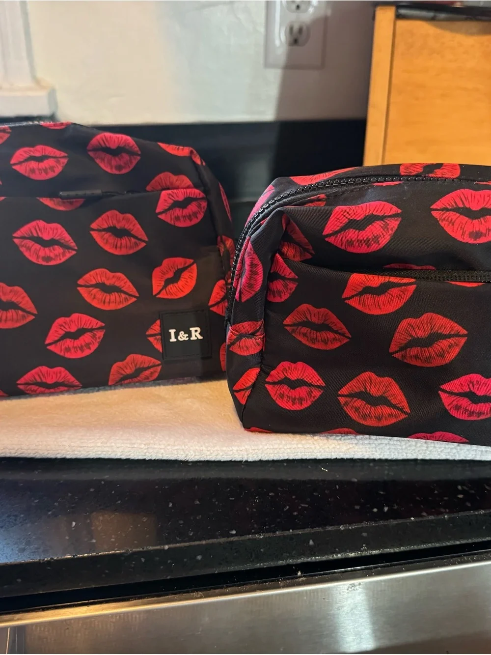 I&R Black Cosmetic Bag with Red Lip Print